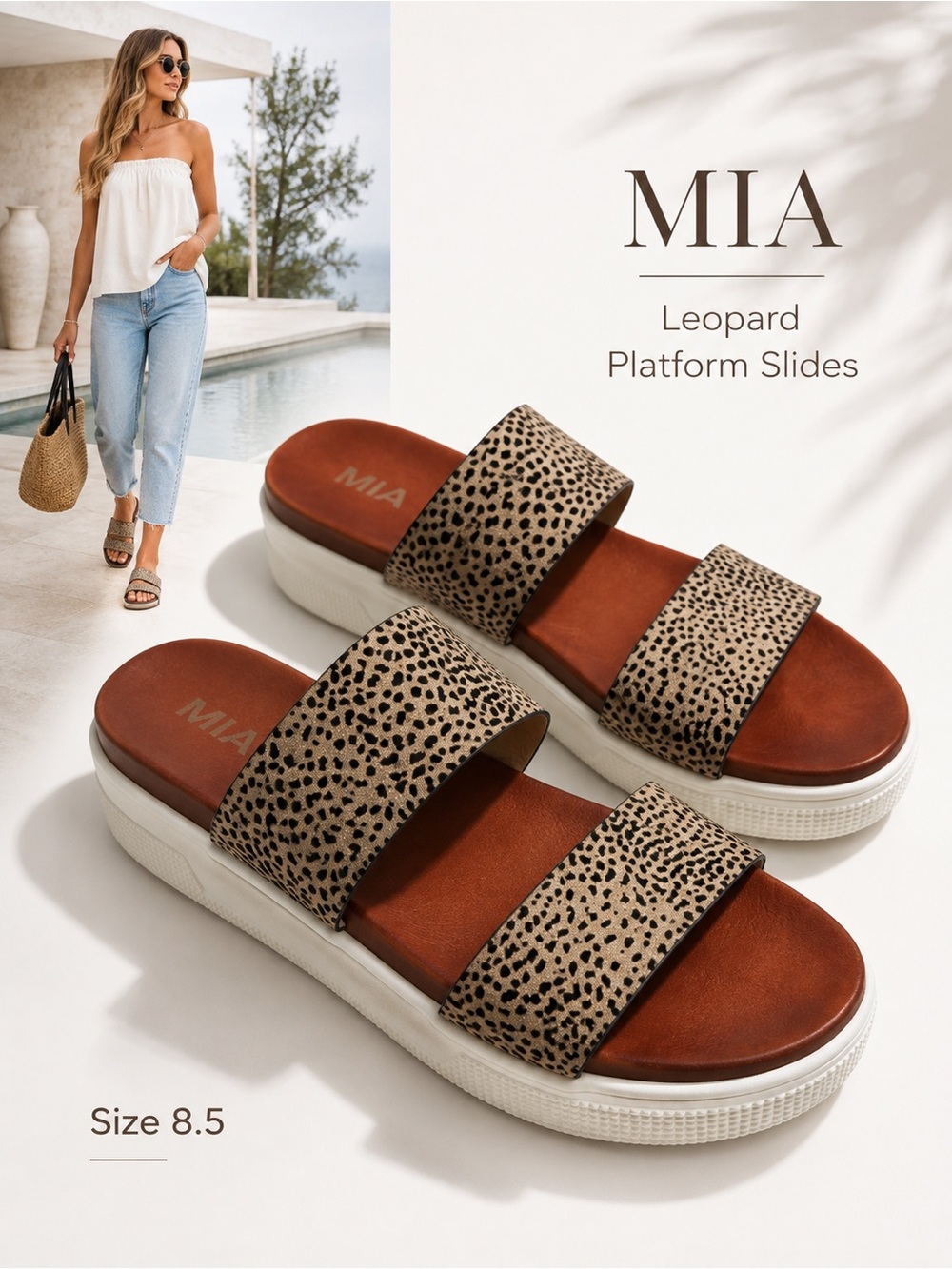 MIA Leopard Print Platform Slide Sandals Size 8.5 Neutral Animal Print